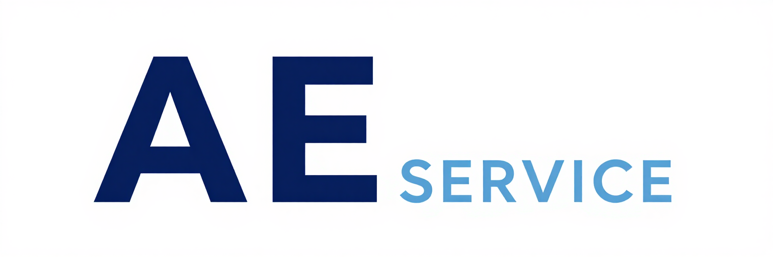 Logotipo de AE Service con texto en azul oscuro y azul claro sobre fondo blanco