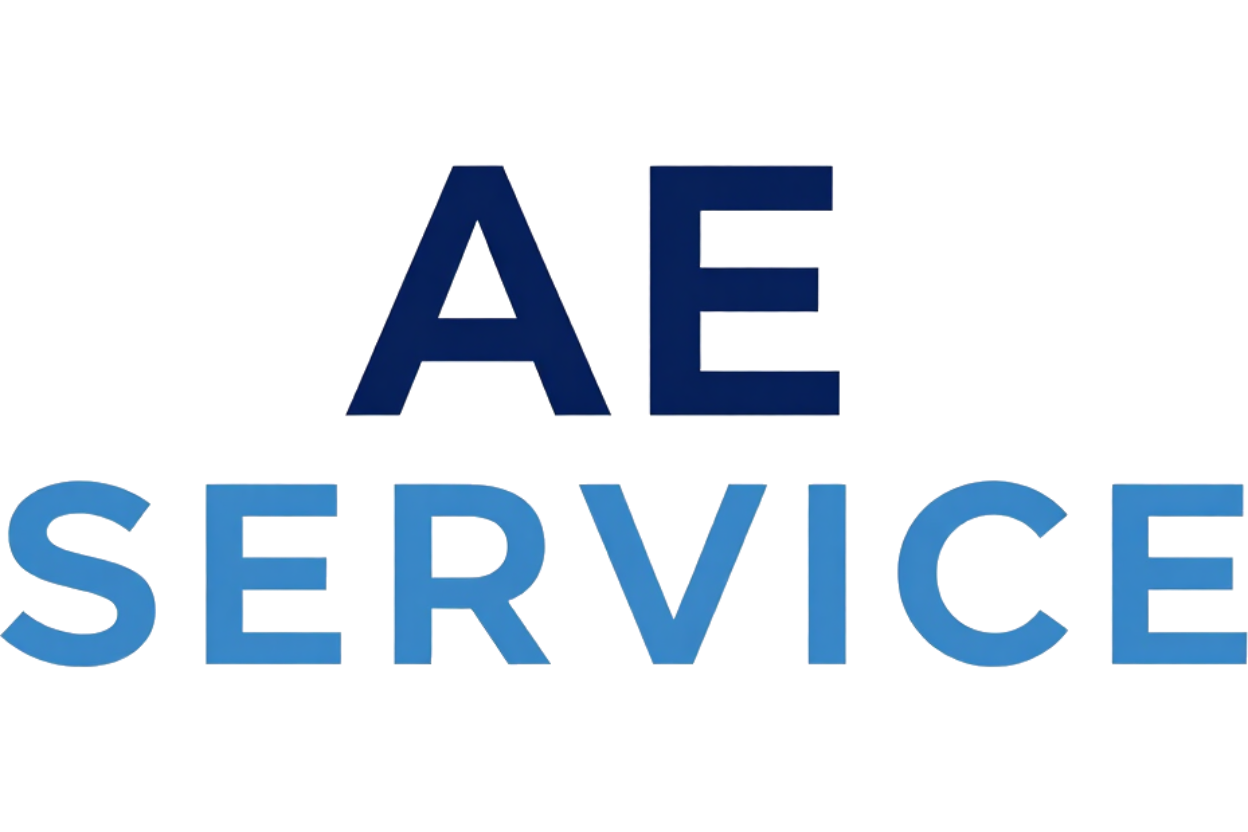 Logotipo de AE Service con letras azules sobre fondo blanco