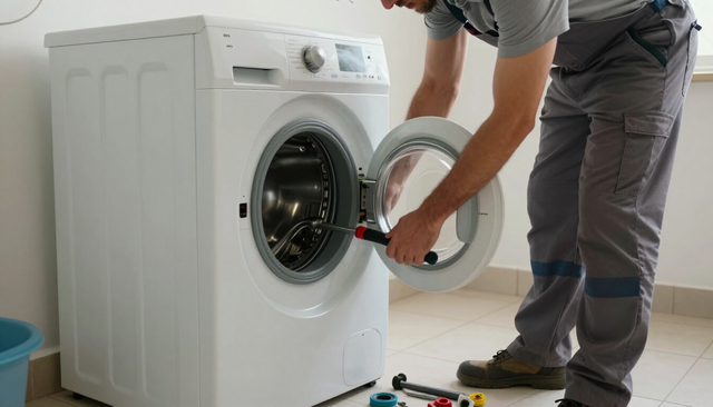 Técnico reparando una lavadora blanca de carga frontal, con herramientas en el suelo