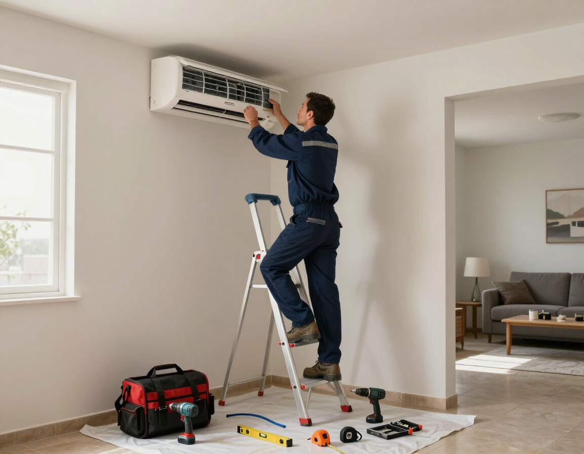 Técnico instalando un aire acondicionado de pared en una habitación luminosa, con herramientas en el suelo.