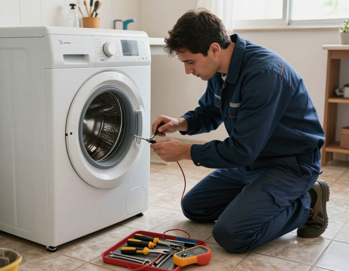 Técnico reparando una lavadora de carga frontal, con herramientas en el suelo de baldosas