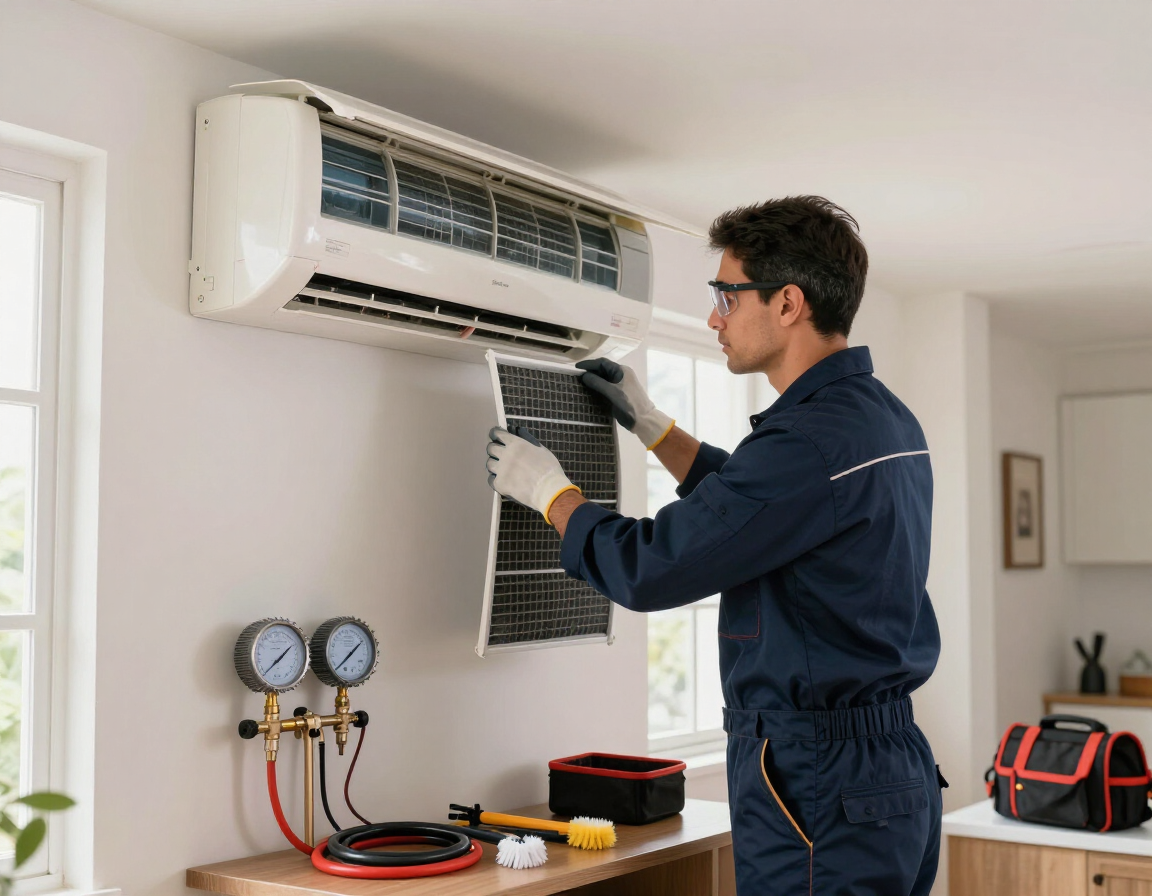 Técnico limpiando un aire acondicionado de pared en el interior, con manómetros y herramientas sobre una mesa cercana