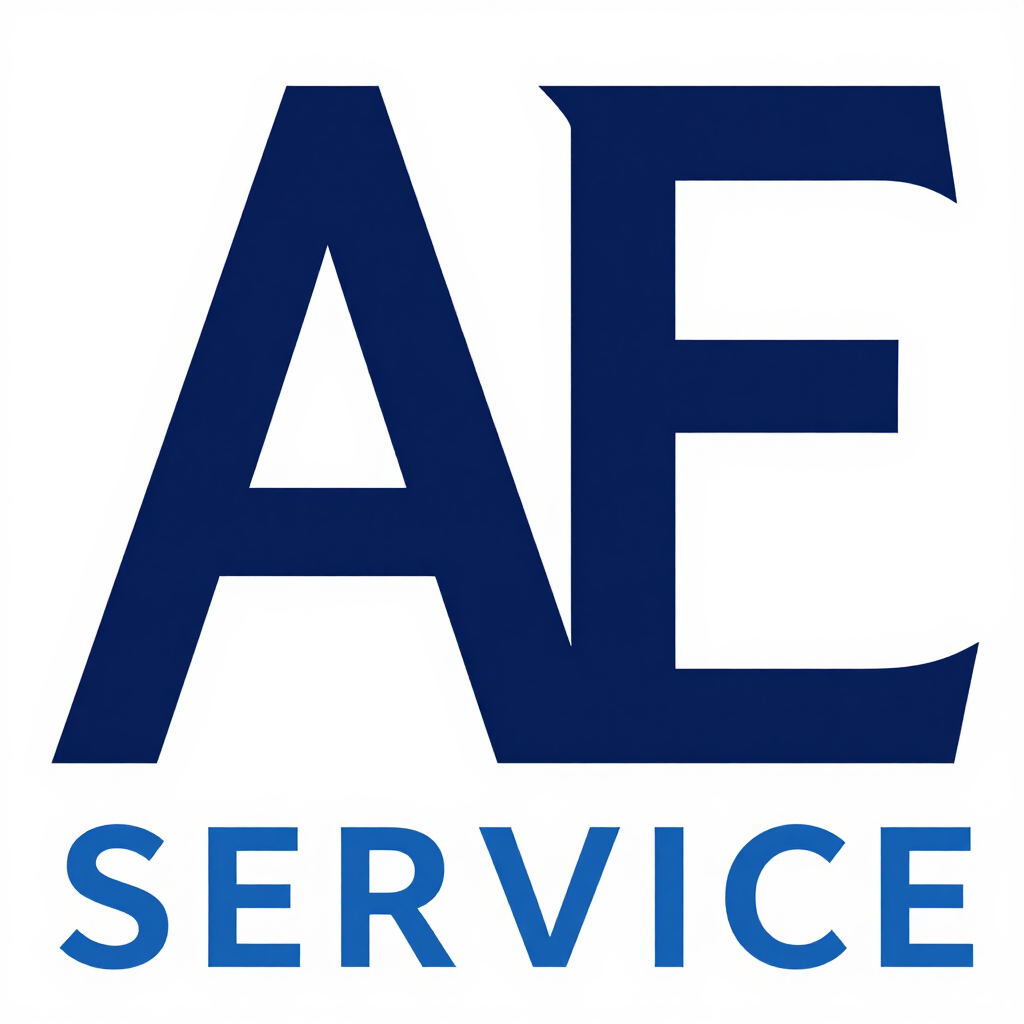 Logotipo de AE Service con texto azul oscuro sobre fondo blanco