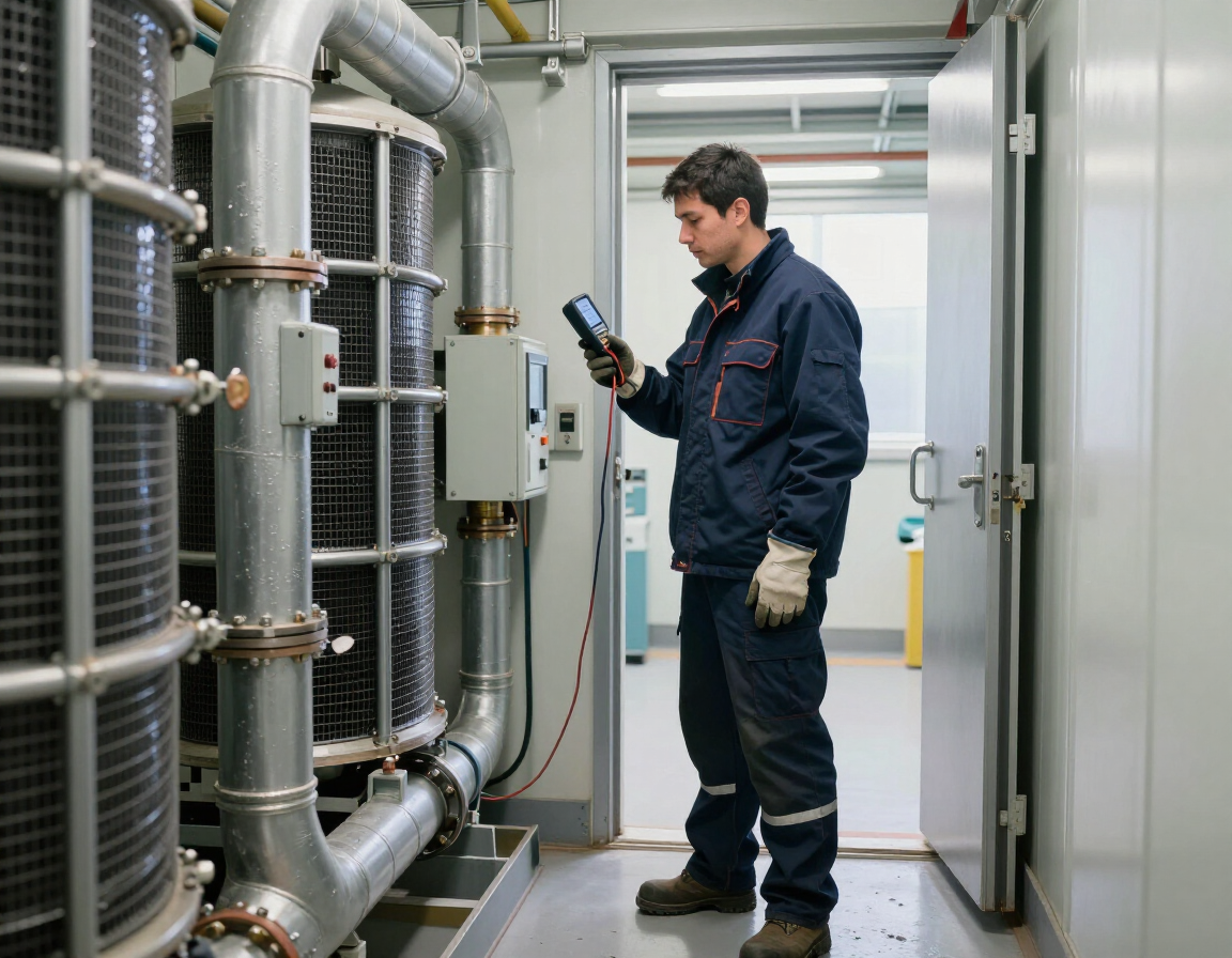 Técnico inspeccionando tuberías y equipos industriales en una sala de máquinas