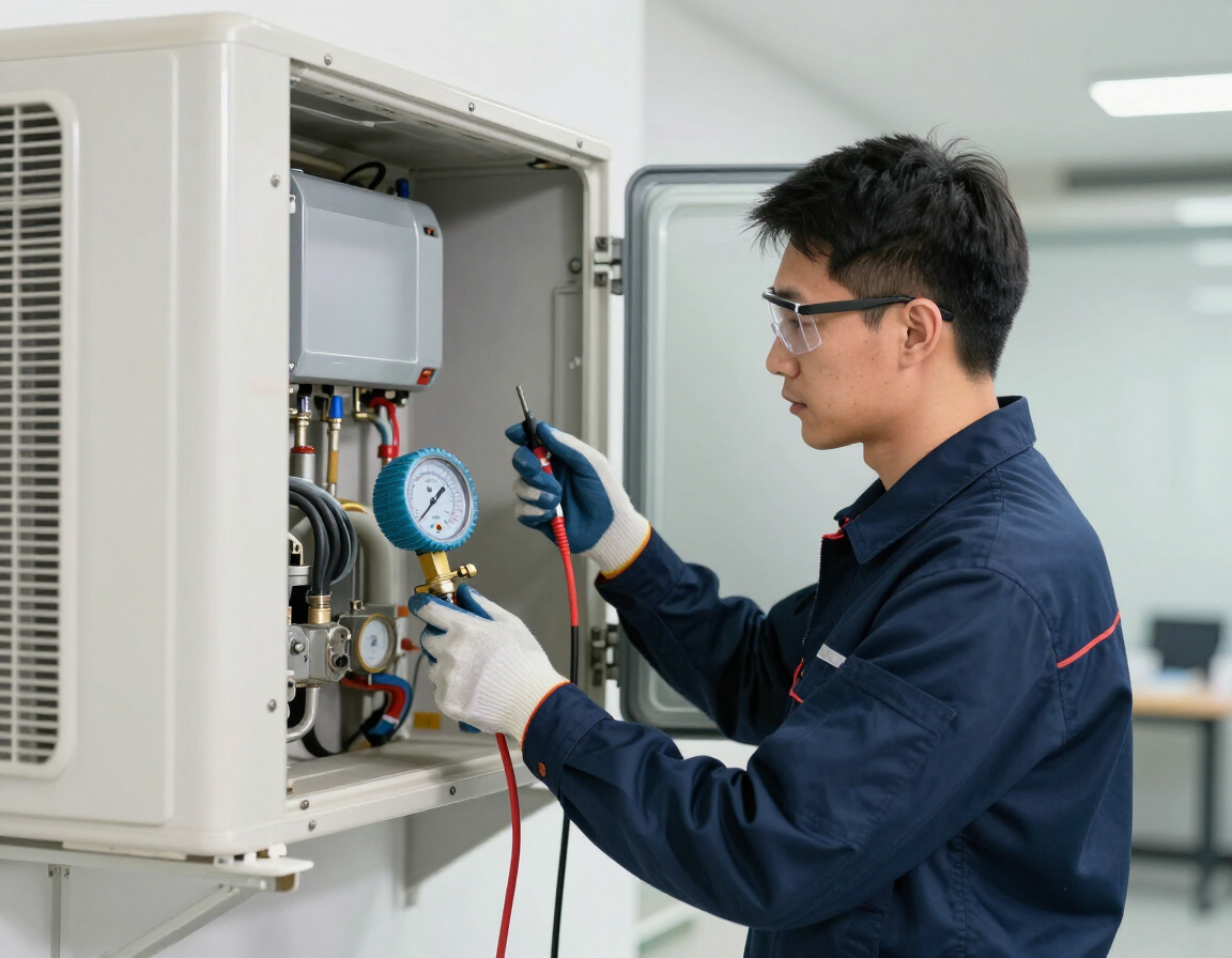 Técnico inspeccionando una unidad de climatización abierta con un manómetro y herramientas en una habitación luminosa