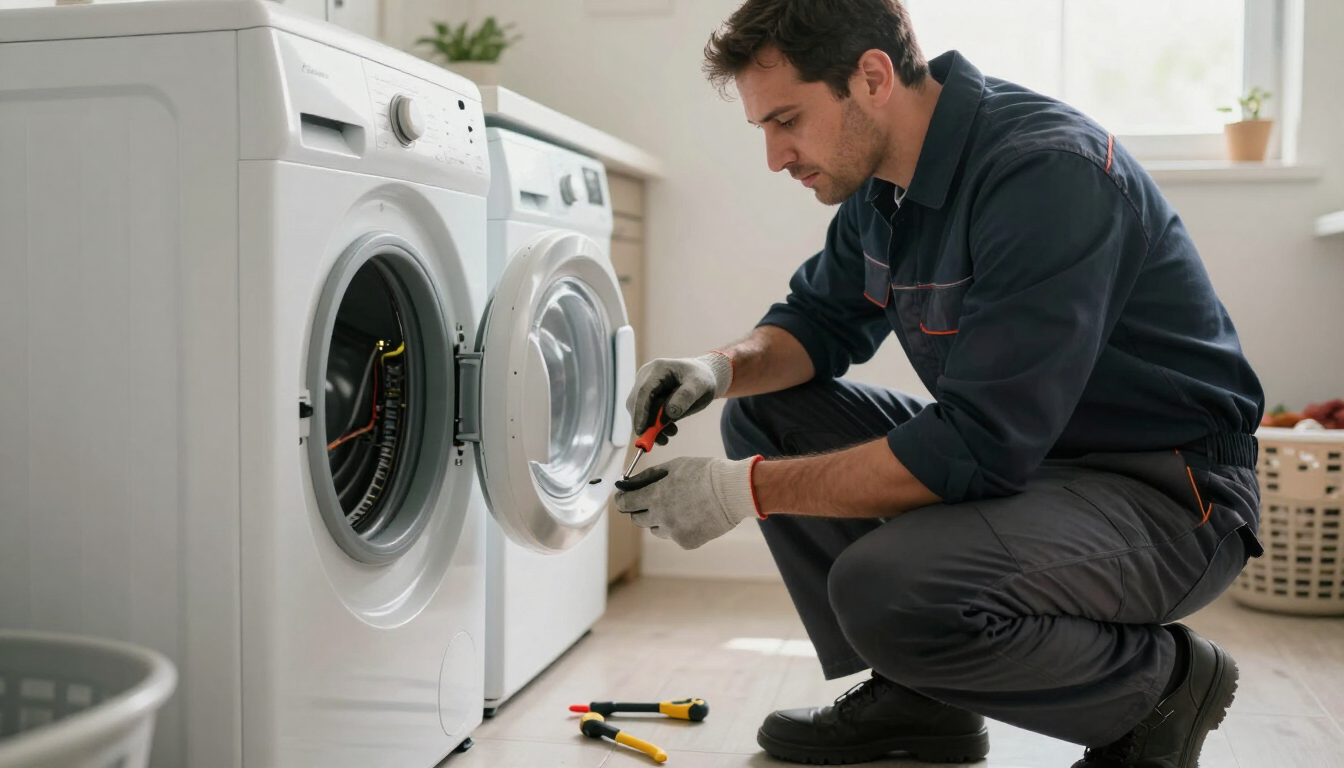 Técnico reparando una secadora blanca de carga frontal en un cuarto de lavado, usando un destornillador.