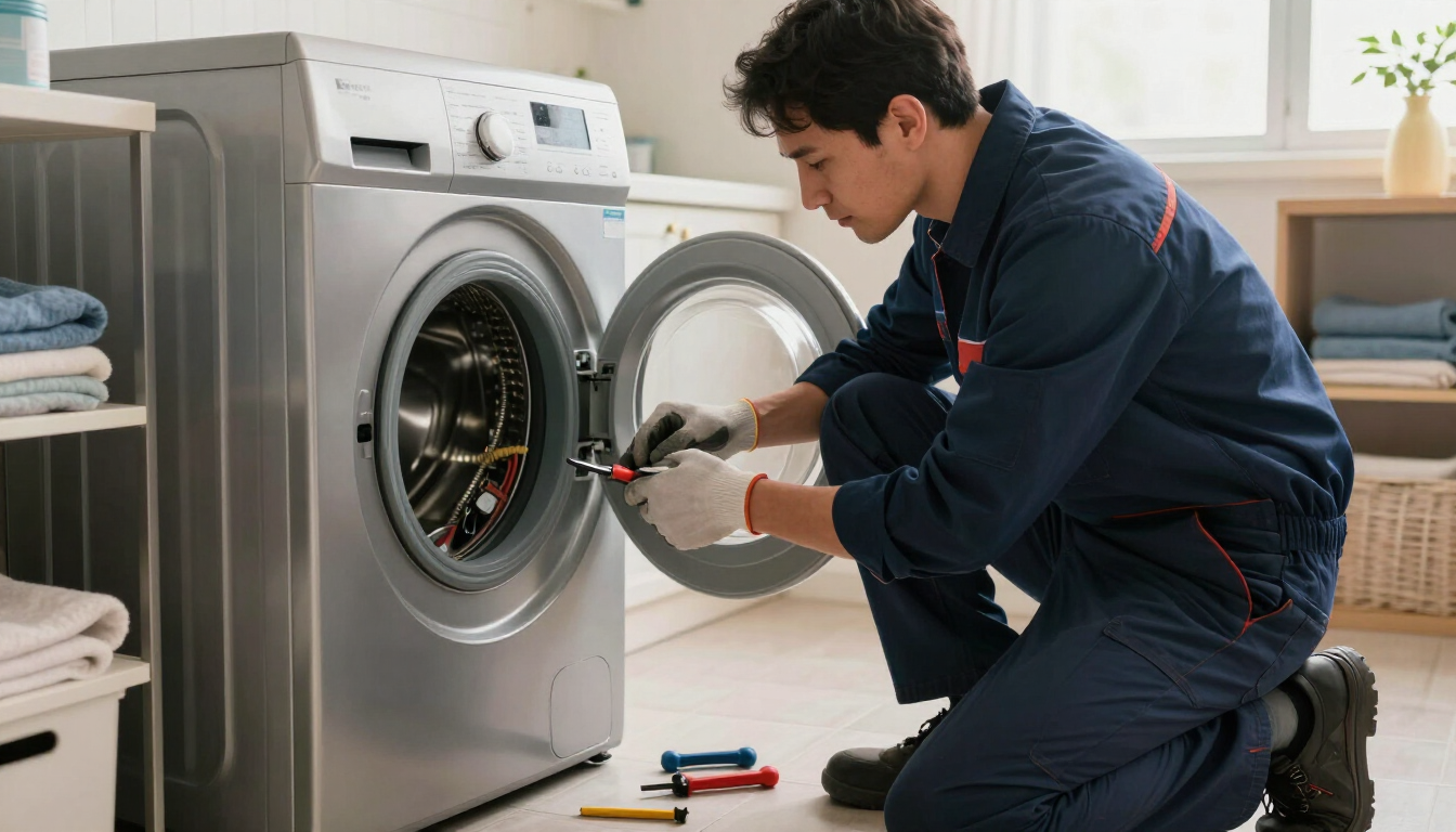 Técnico reparando una lavadora de carga frontal en un cuarto de lavado, con herramientas cerca