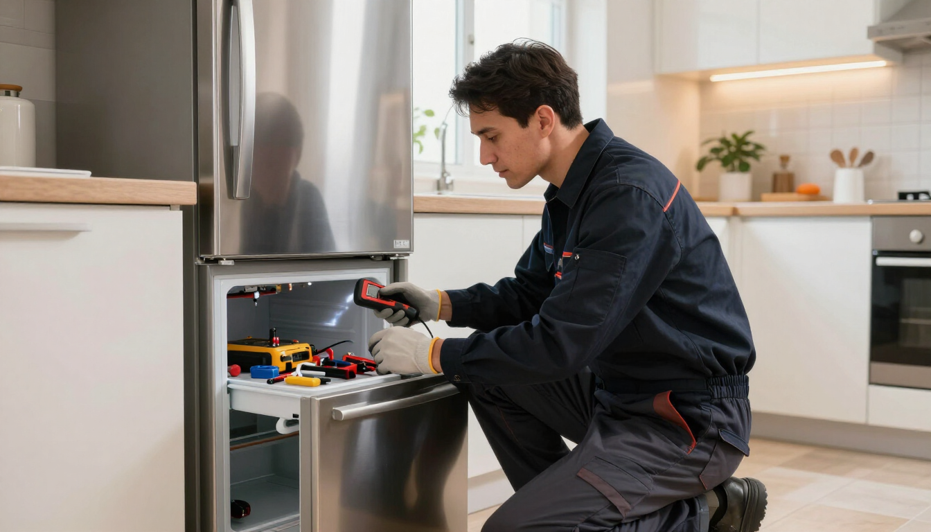 Técnico reparando un lavavajillas abierto en una cocina moderna