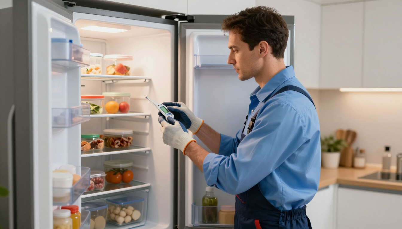 Un técnico inspecciona un refrigerador abierto en una cocina luminosa mientras sostiene una tabla con sujetapapeles.
