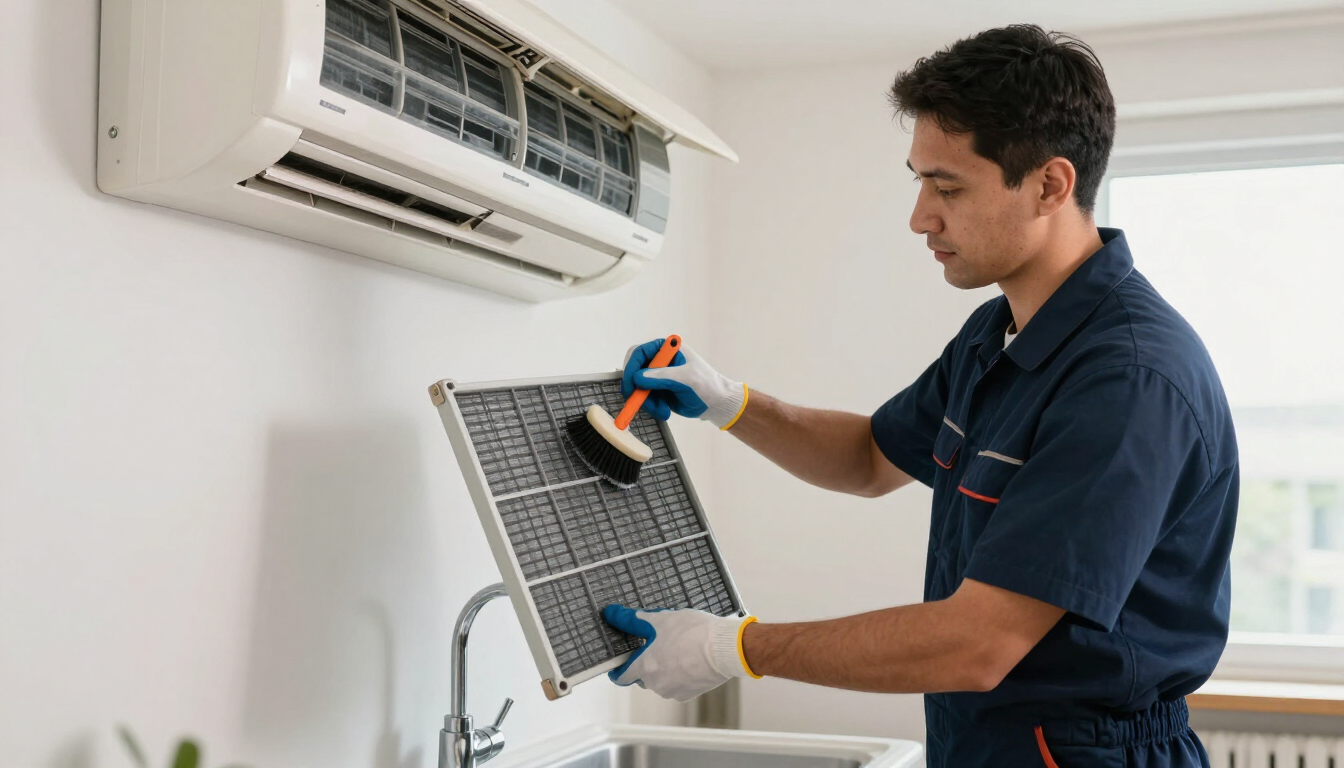 Técnico limpiando una unidad de aire acondicionado interior con un cepillo y un paño