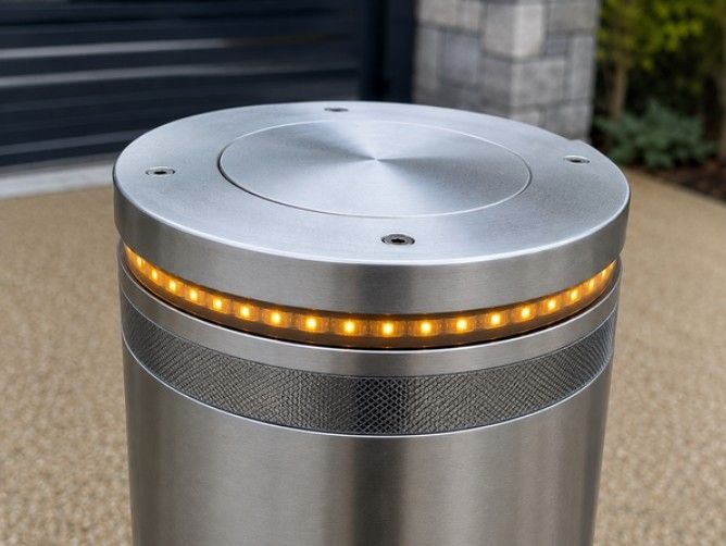 Close-up of a stainless steel automatic bollard head showing the LED warning ring and top cap