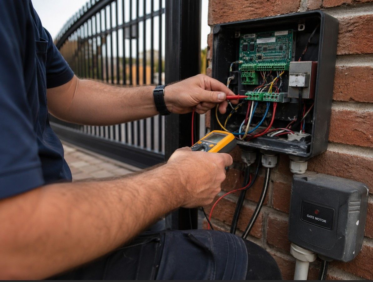 technician servicing and electric gate