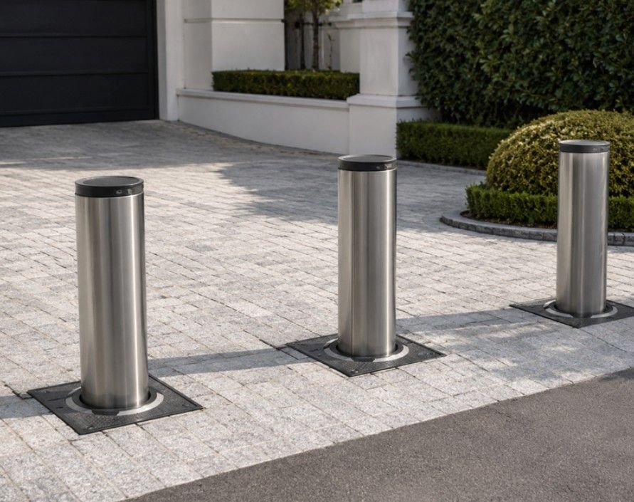 Automatic electric rising bollards installed in the raised position across a residential driveway entrance