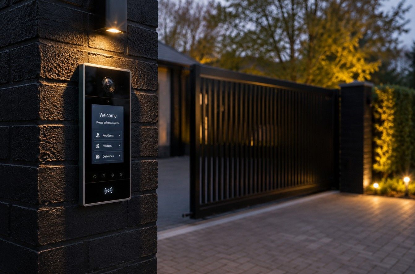 Modern video intercom panel mounted on a gate pillar with electric gate visible behind