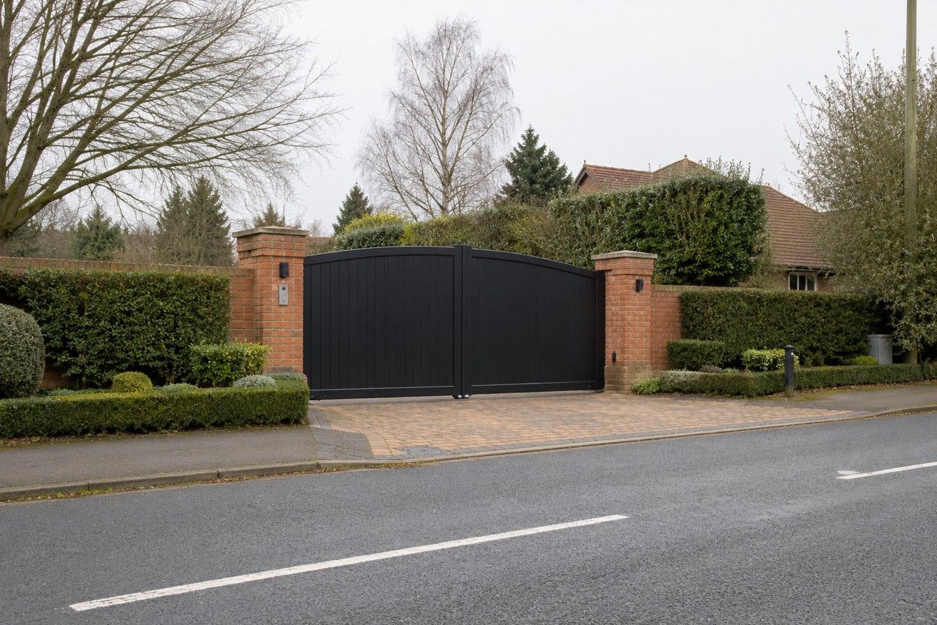 Residential electric gate entrance showing the relationship between the gate and the adjoining highway