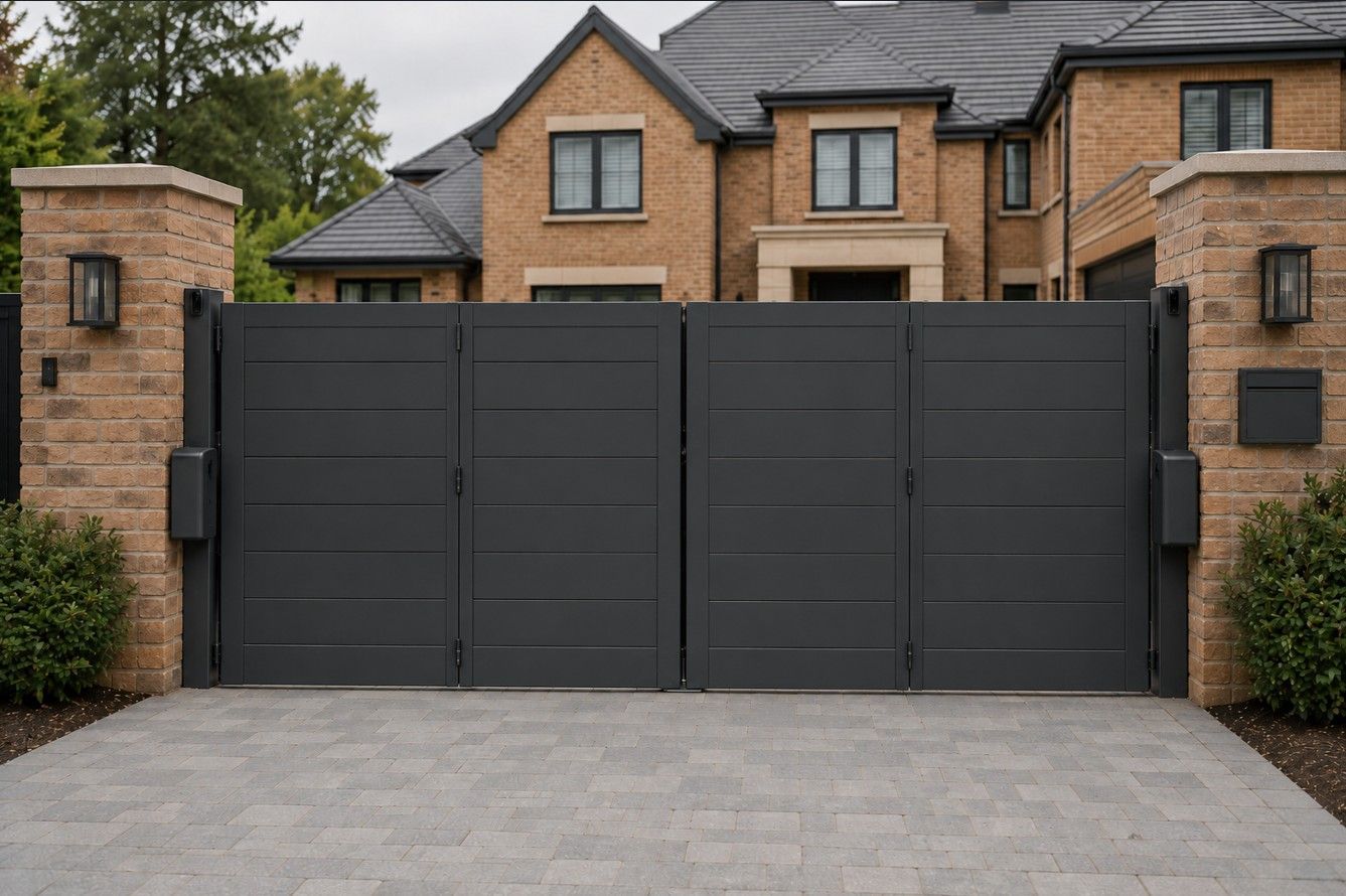 Electric bi-folding gates in closed position at a wide residential driveway entrance