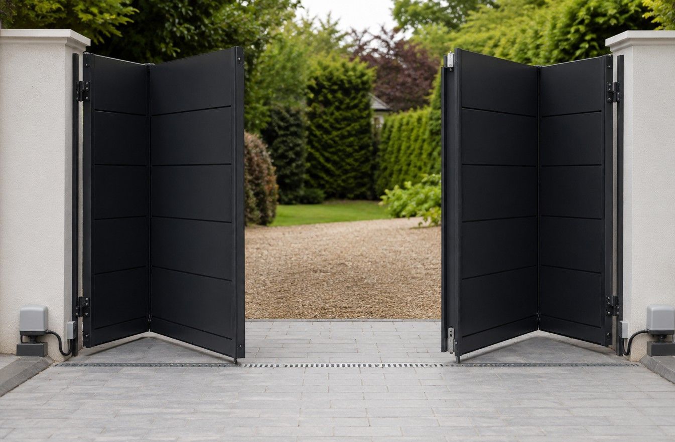 Electric bi-folding gates caught mid-opening showing the folding action