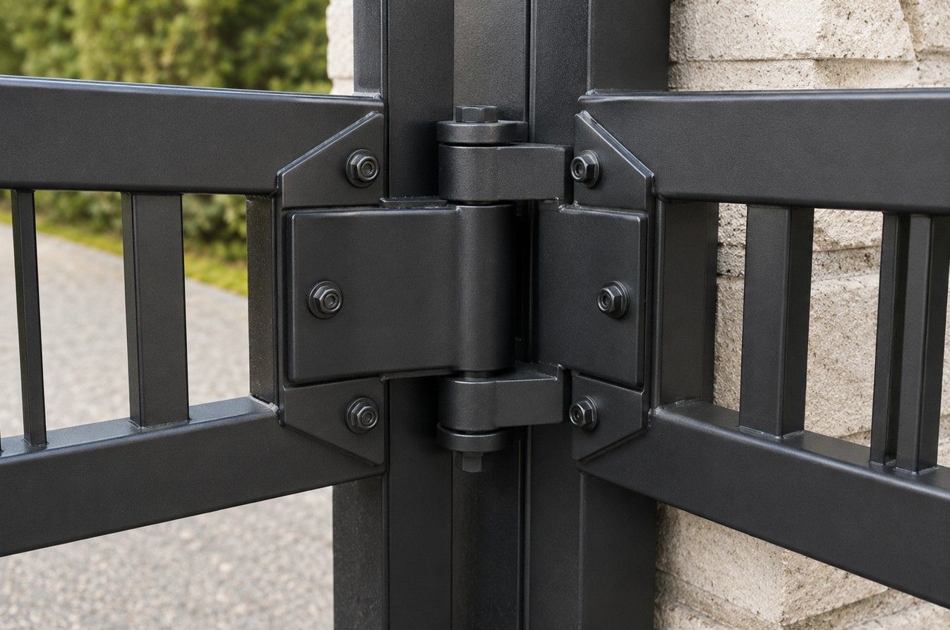 Close-up of the central fold hinge mechanism on an electric bi-folding gate