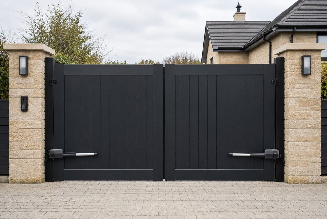 Newly installed black composite electric swing gates at a residential driveway