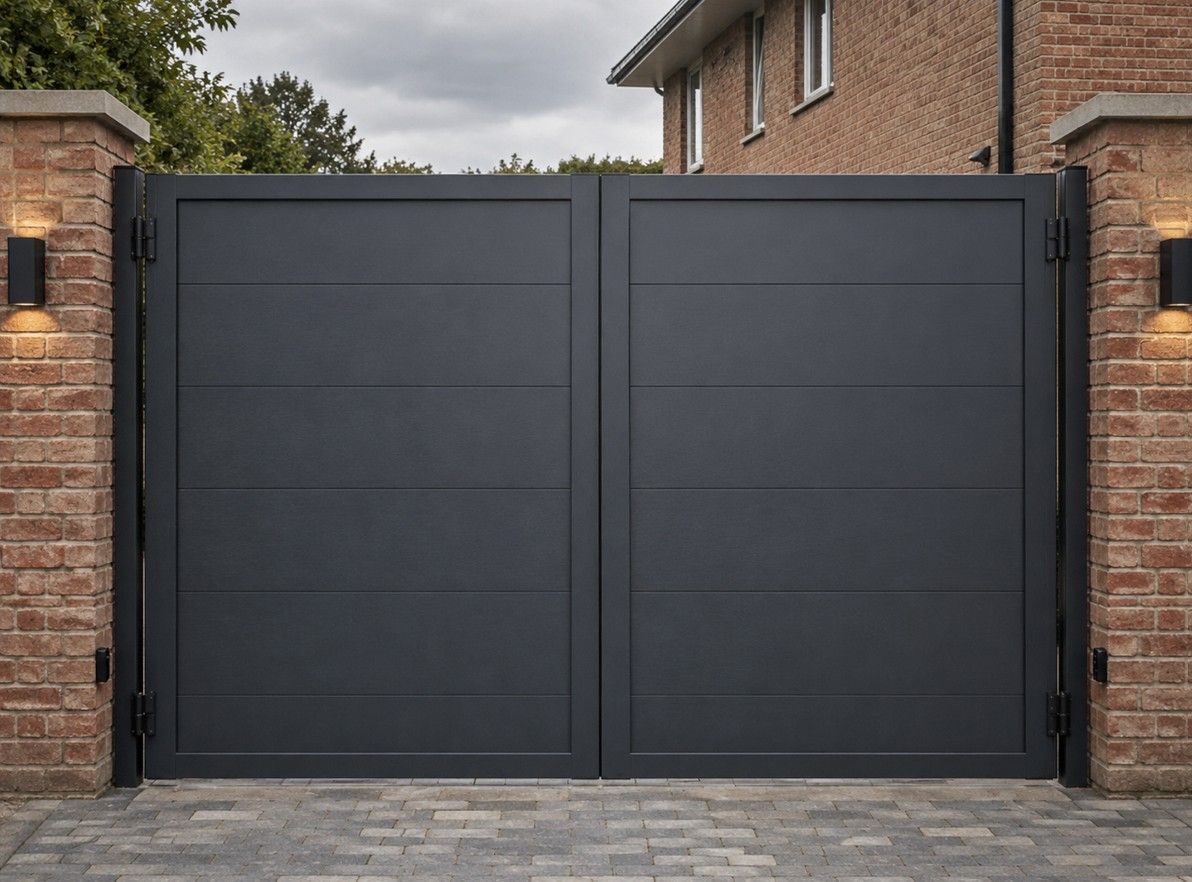 Anthracite grey composite electric swing gates closed at a residential driveway