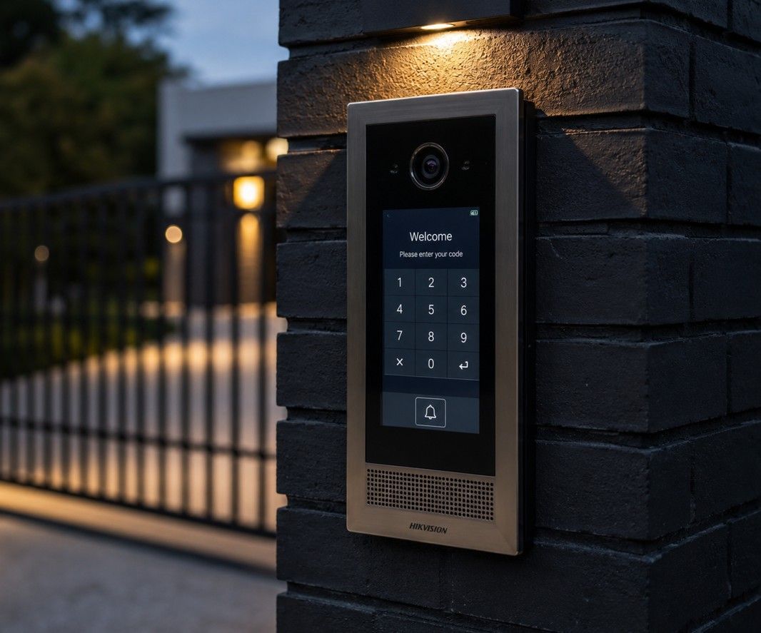 Video intercom panel and keypad entry system mounted on a gate pillar
