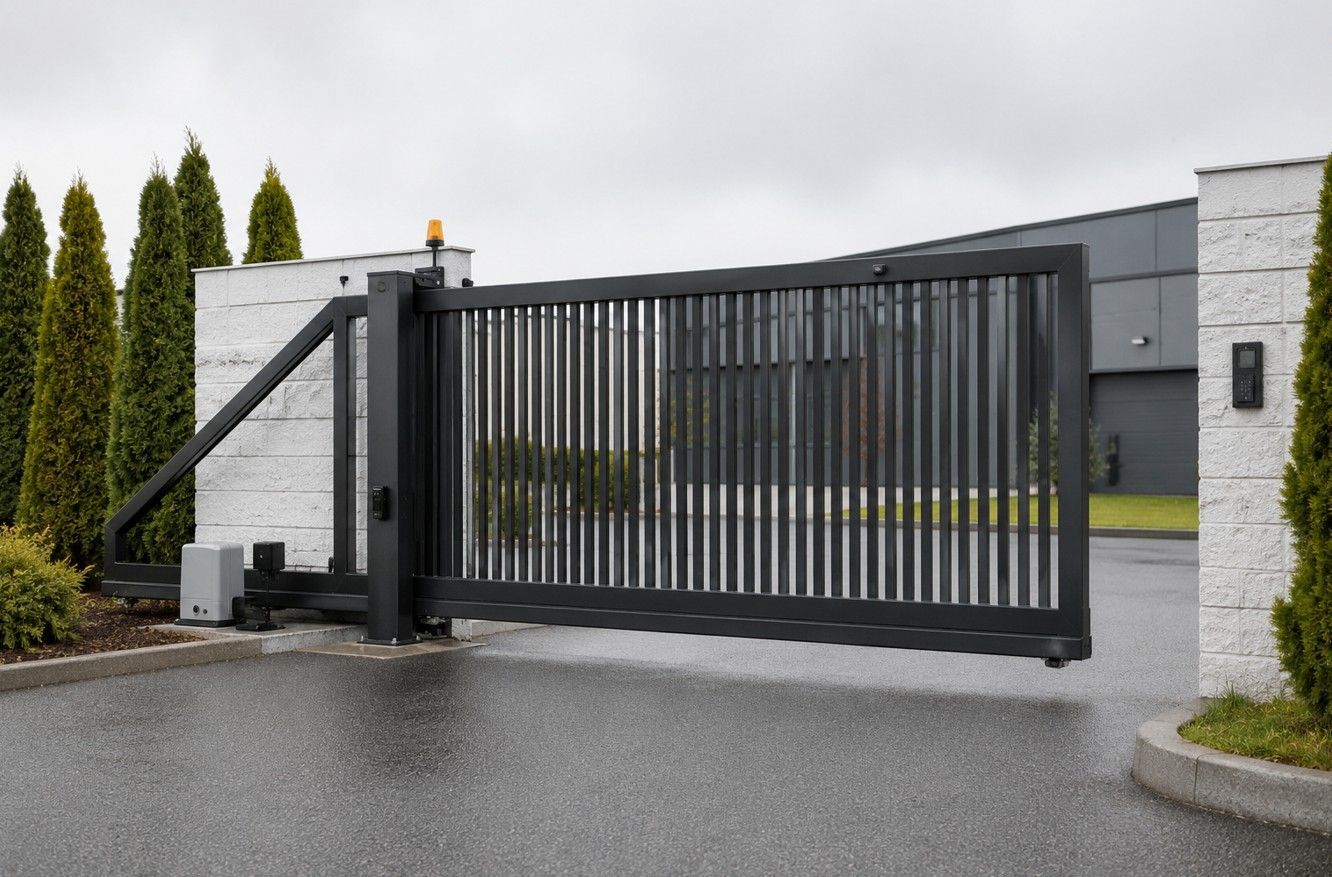 Cantilever electric sliding gate hovering above the driveway surface on a steel frame