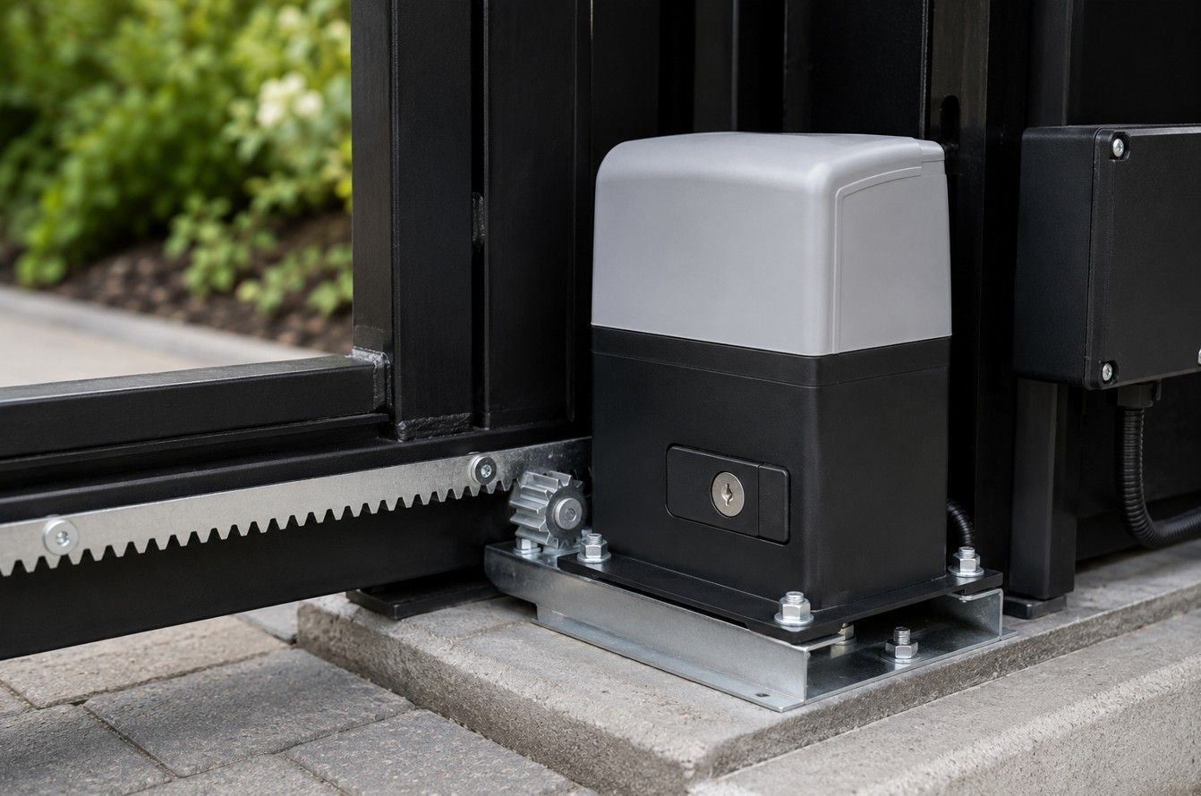 Electric sliding gate motor unit and rack drive mechanism at the base of a gate post