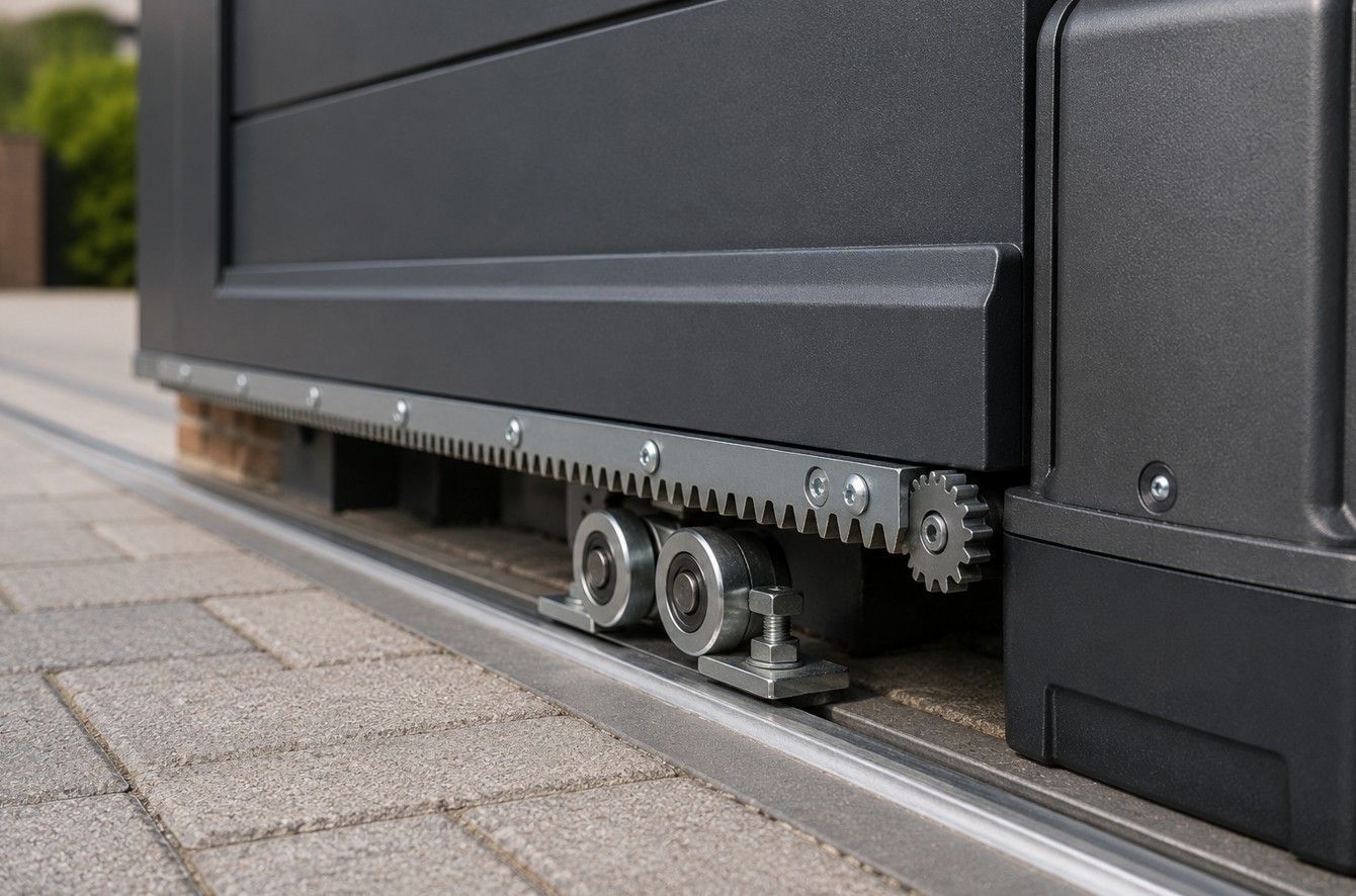 Ground track and roller wheel mechanism at the base of an electric sliding gate