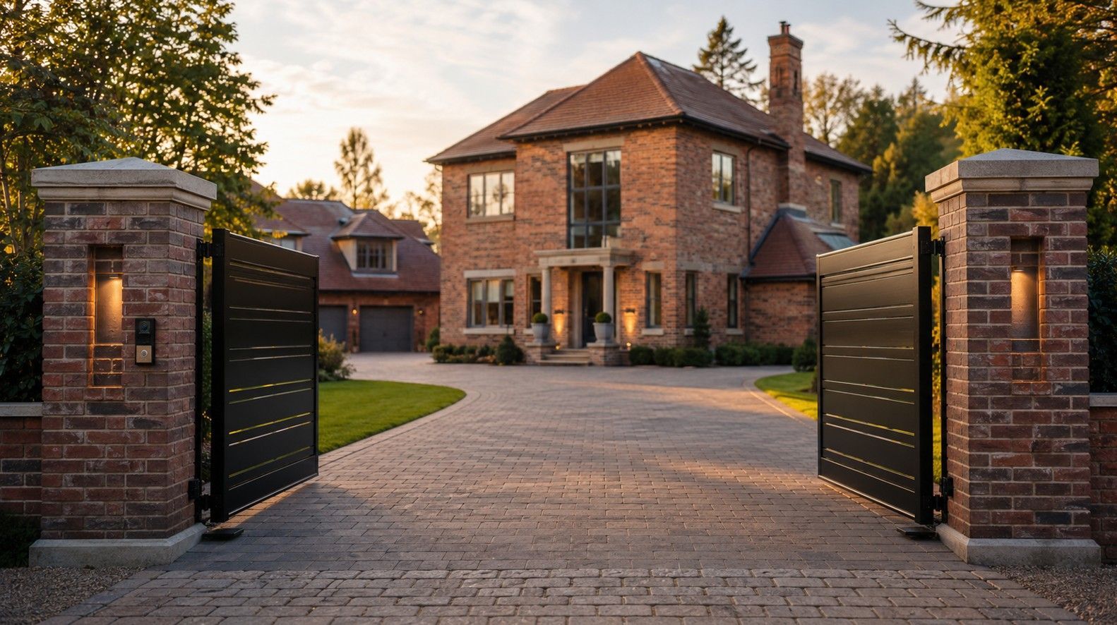 Electric swing gates open at a residential driveway with brick pillars and intercom panel