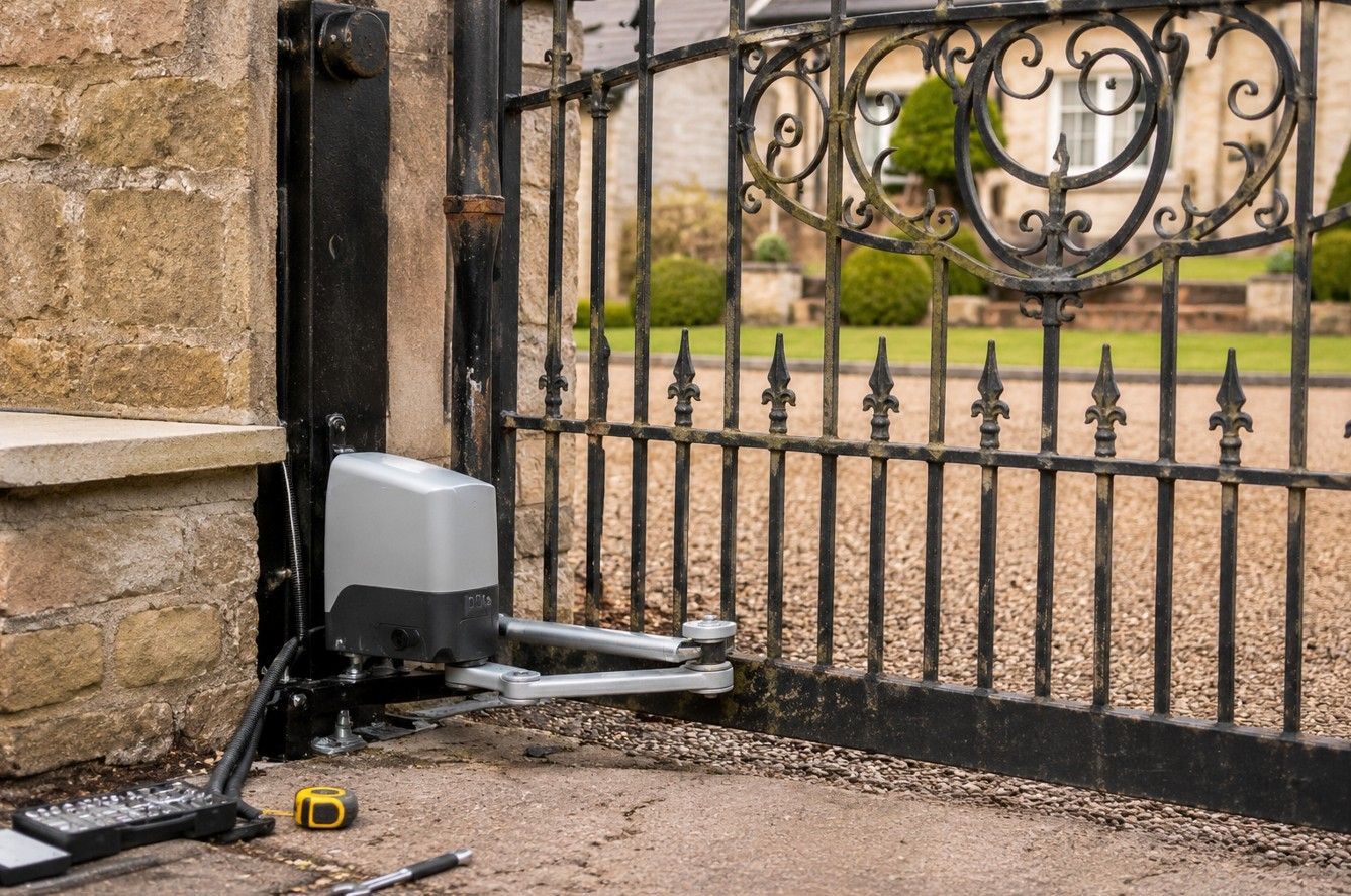 Electric gate motor unit being fitted to an existing wrought iron gate for automation retrofit