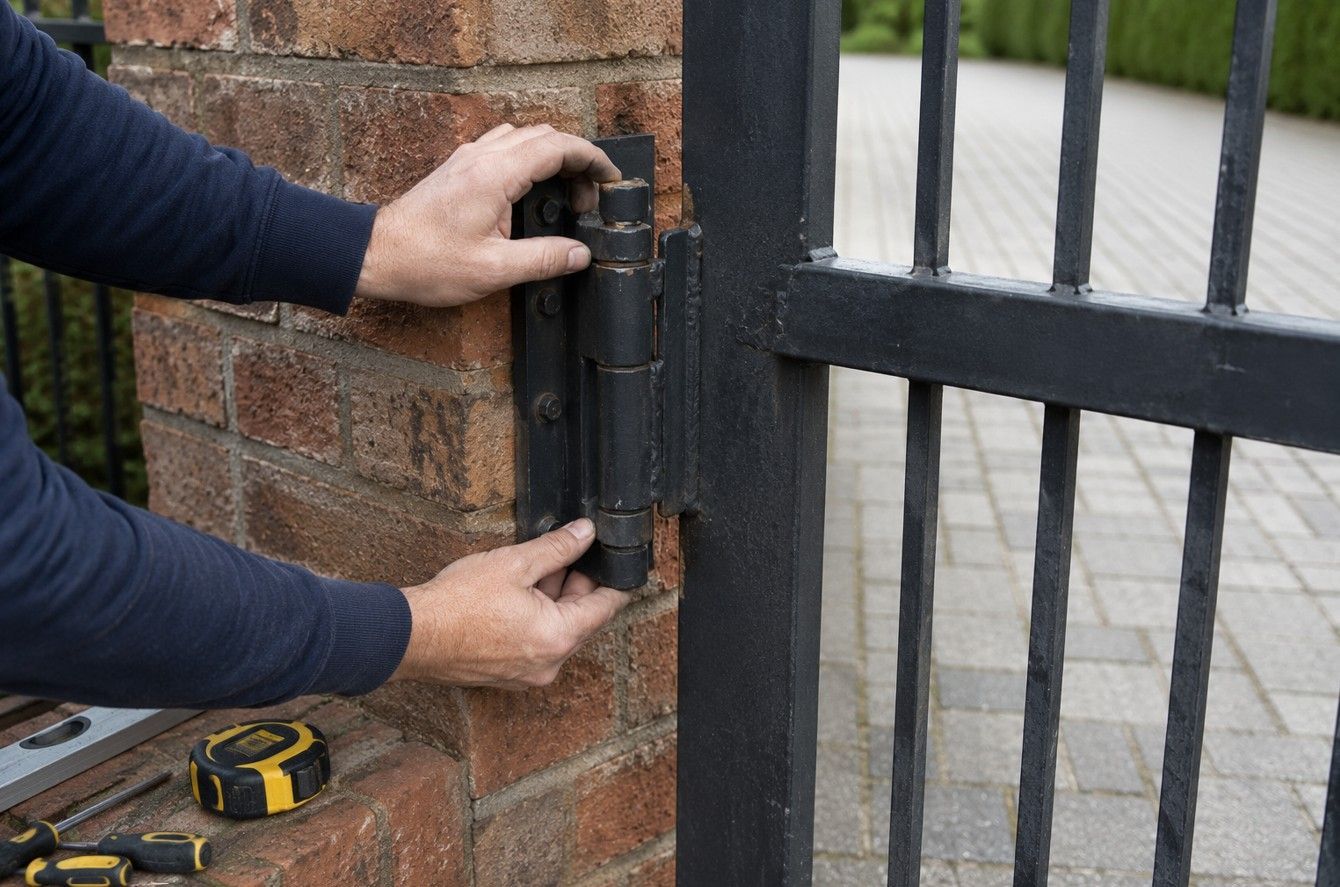 Technician assessing the hinge and pillar condition of an existing gate before automation