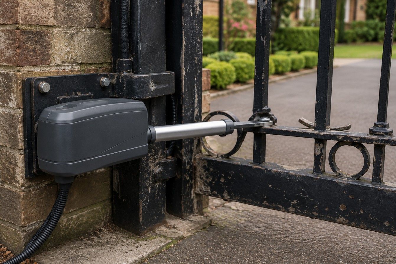 Surface-mounted ram motor retrofitted to an existing swing gate hinge post