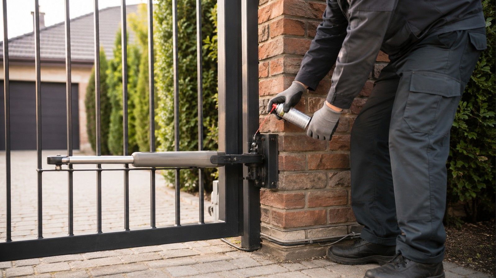 Gate maintenance technician lubricating the hinge mechanism of a residential electric swing gate