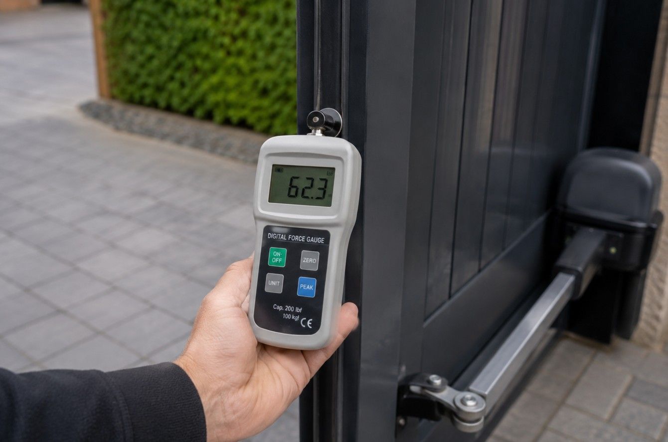Automated gate warning sign affixed to a residential electric gate