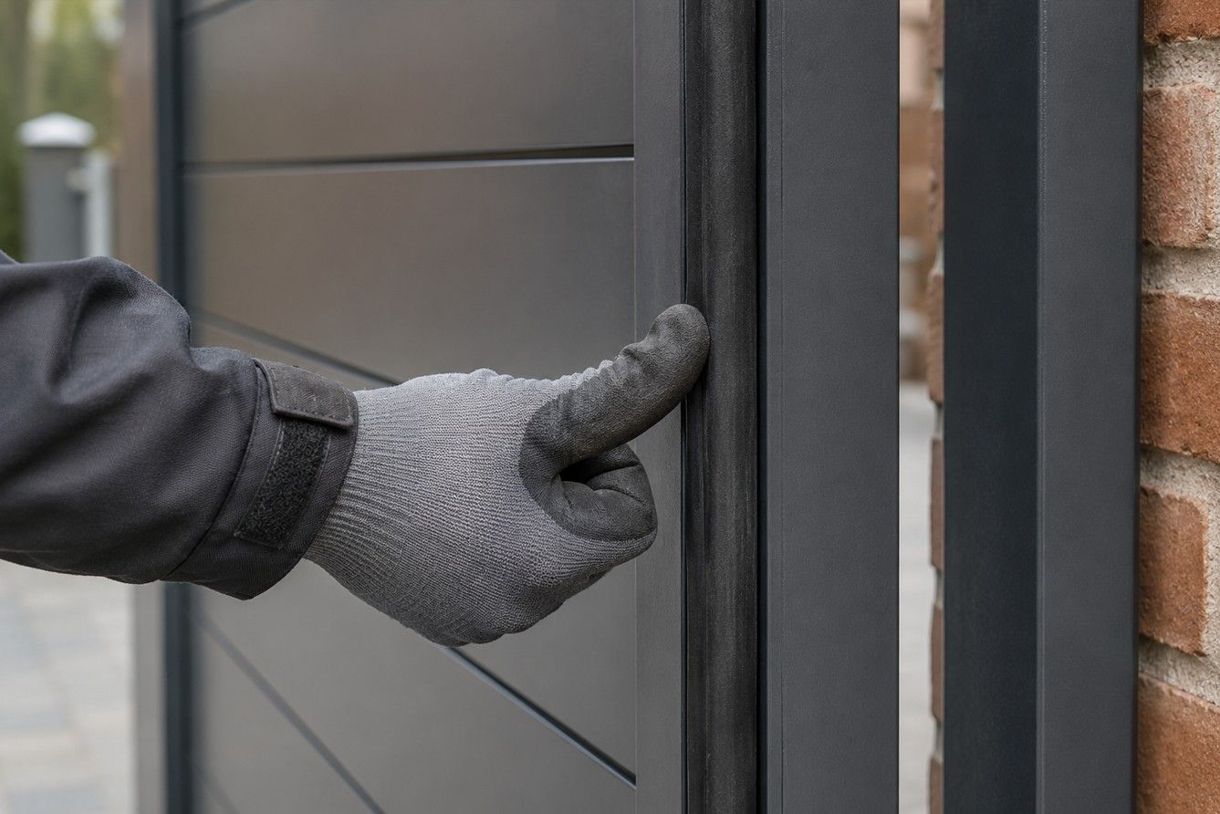 Close-up of a rubber safety edge strip fitted to the leading edge of an electric gate