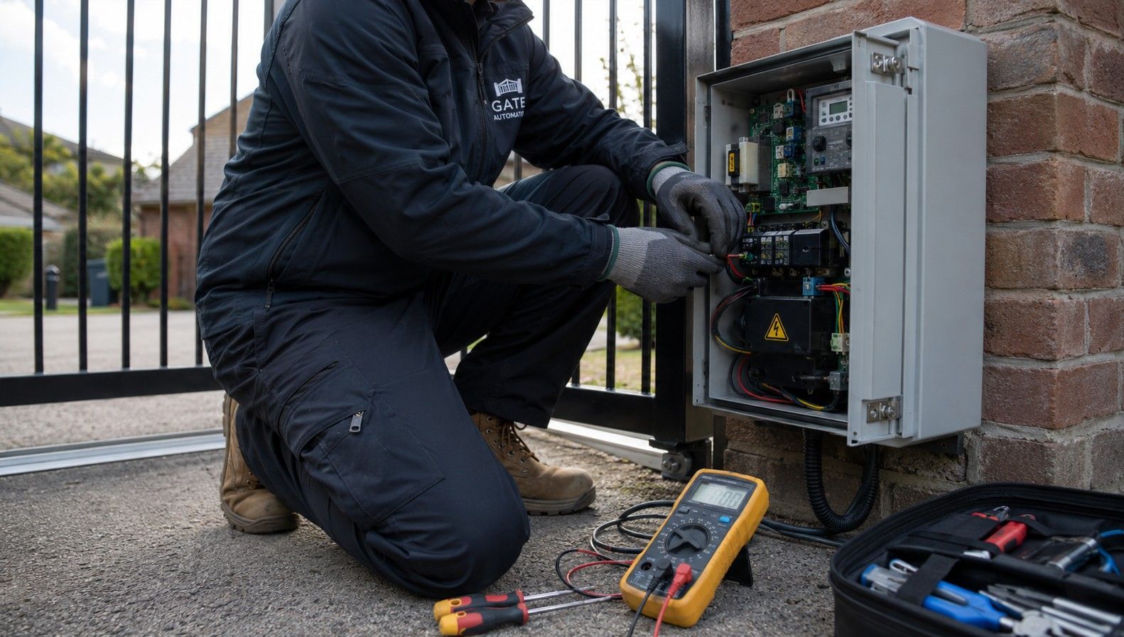 Gate repair technician working on an electric gate motor control panel at a residential property