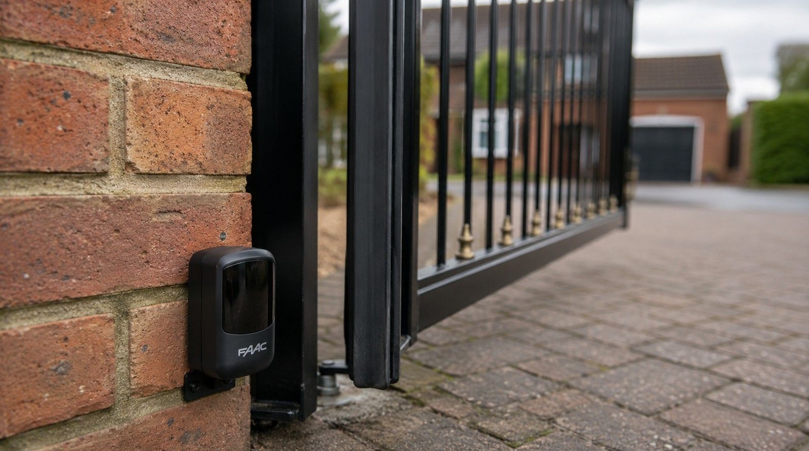 Electric gate safety edge strip and photocell beam sensor fitted to a residential gate installation