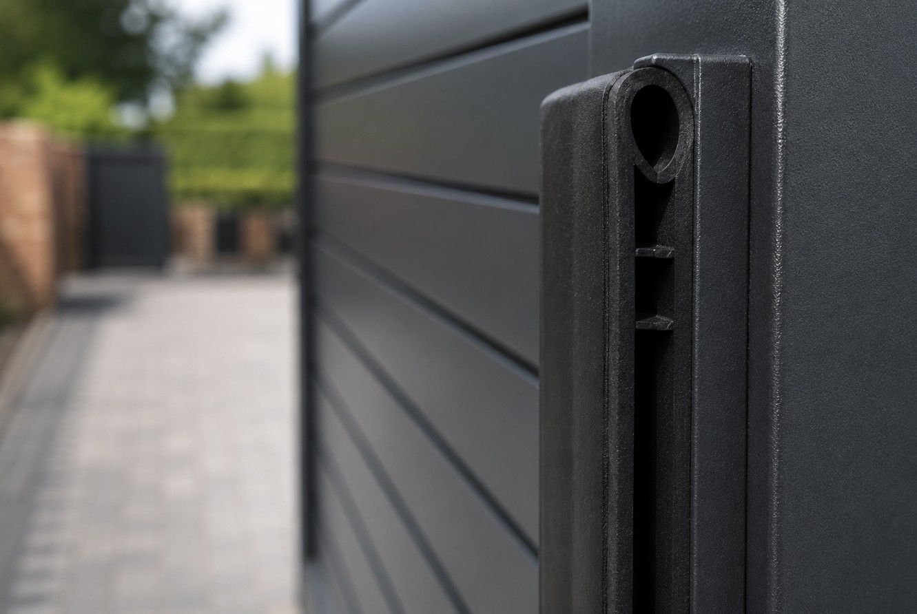 Close-up of a rubber safety edge strip fitted to the leading edge of an electric gate