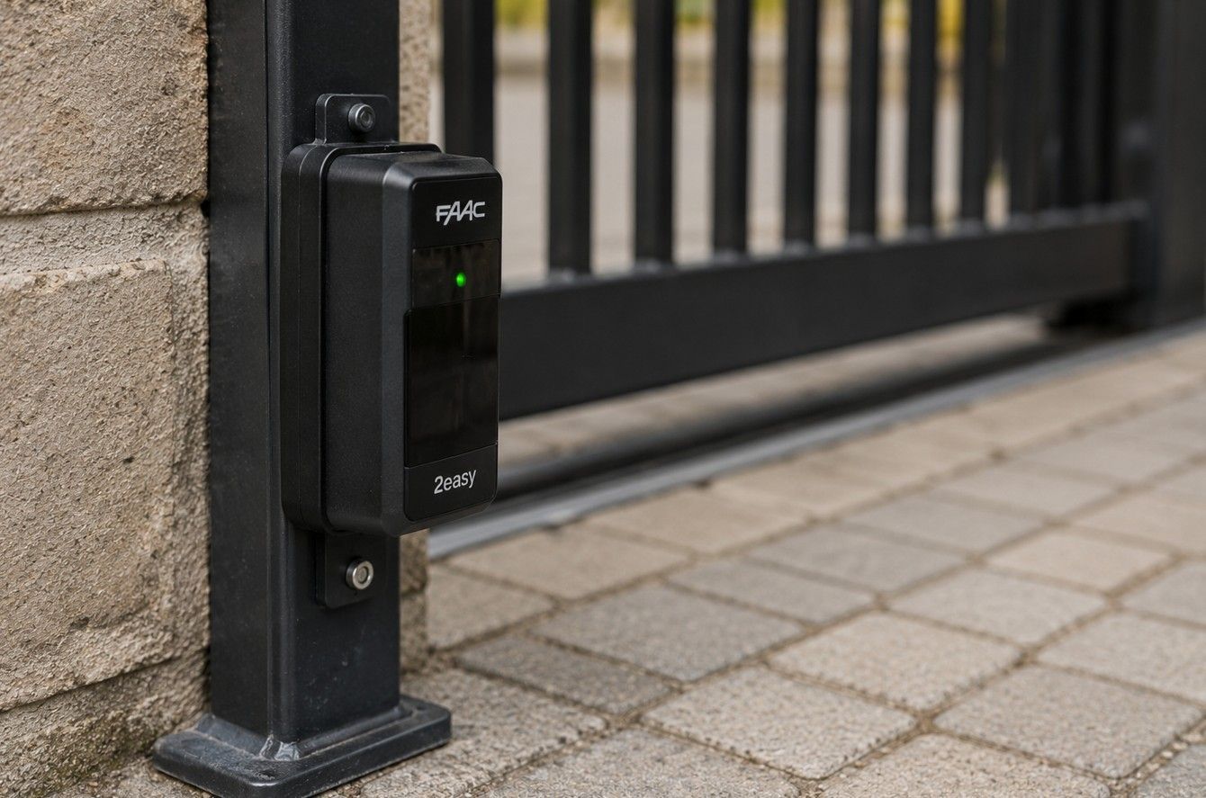 Photocell beam sensor mounted at the base of an electric gate pillar