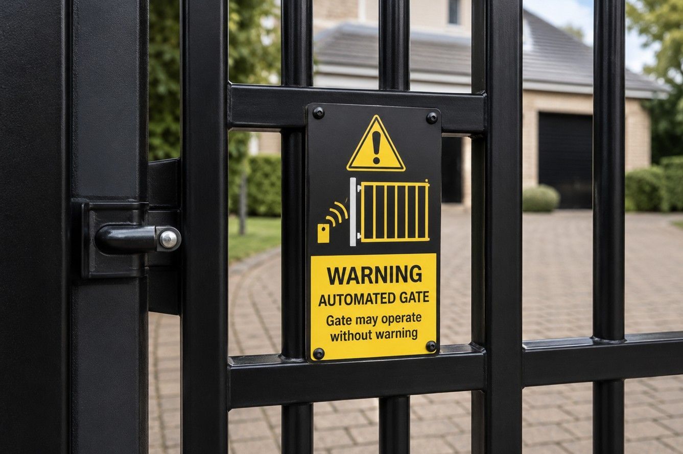 Automated gate warning sign affixed to a residential electric gate