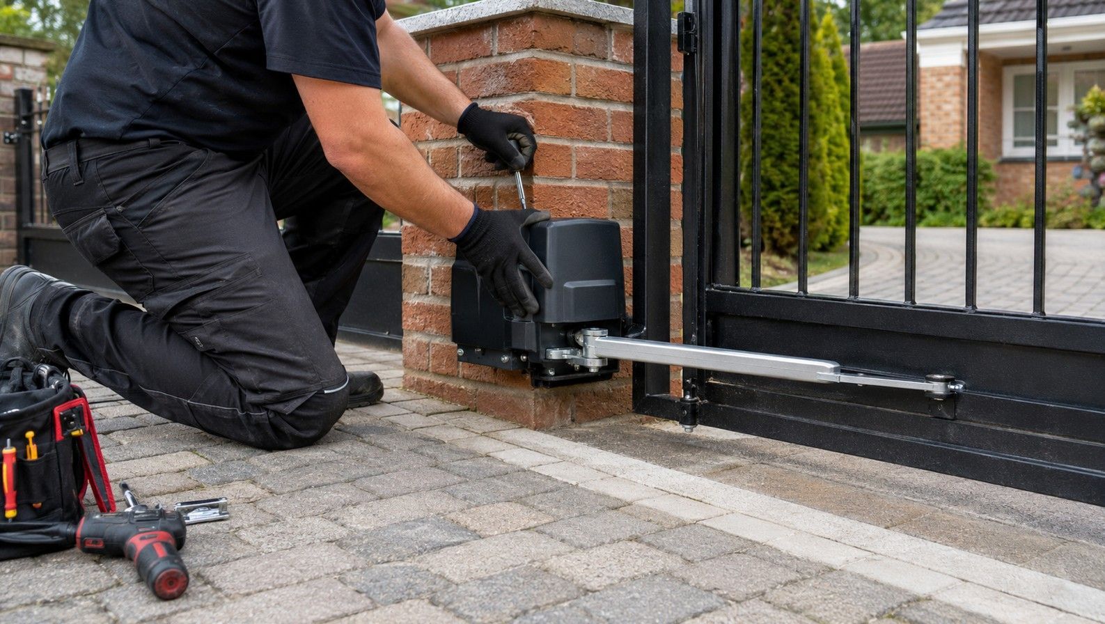 Electric gate installer fitting a motor unit to a brick pillar at a residential property