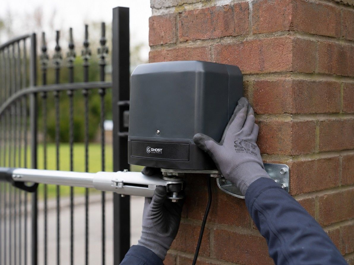 Installer fitting a gate motor unit to a brick pillar