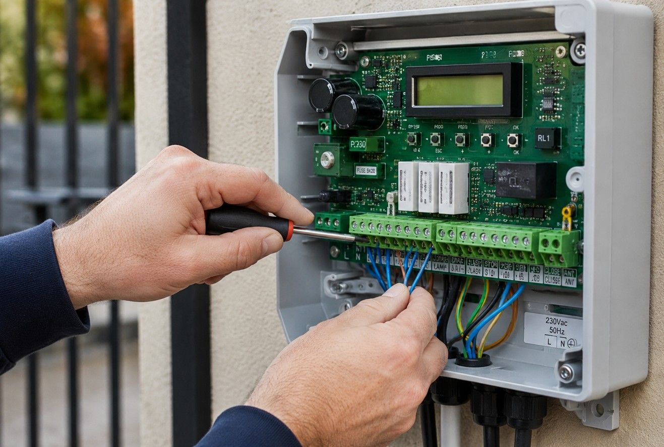 Electric gate control panel showing wiring connections