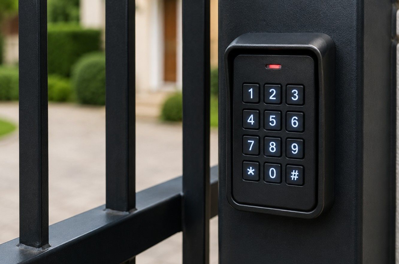 Weatherproof keypad entry unit mounted on a gate post