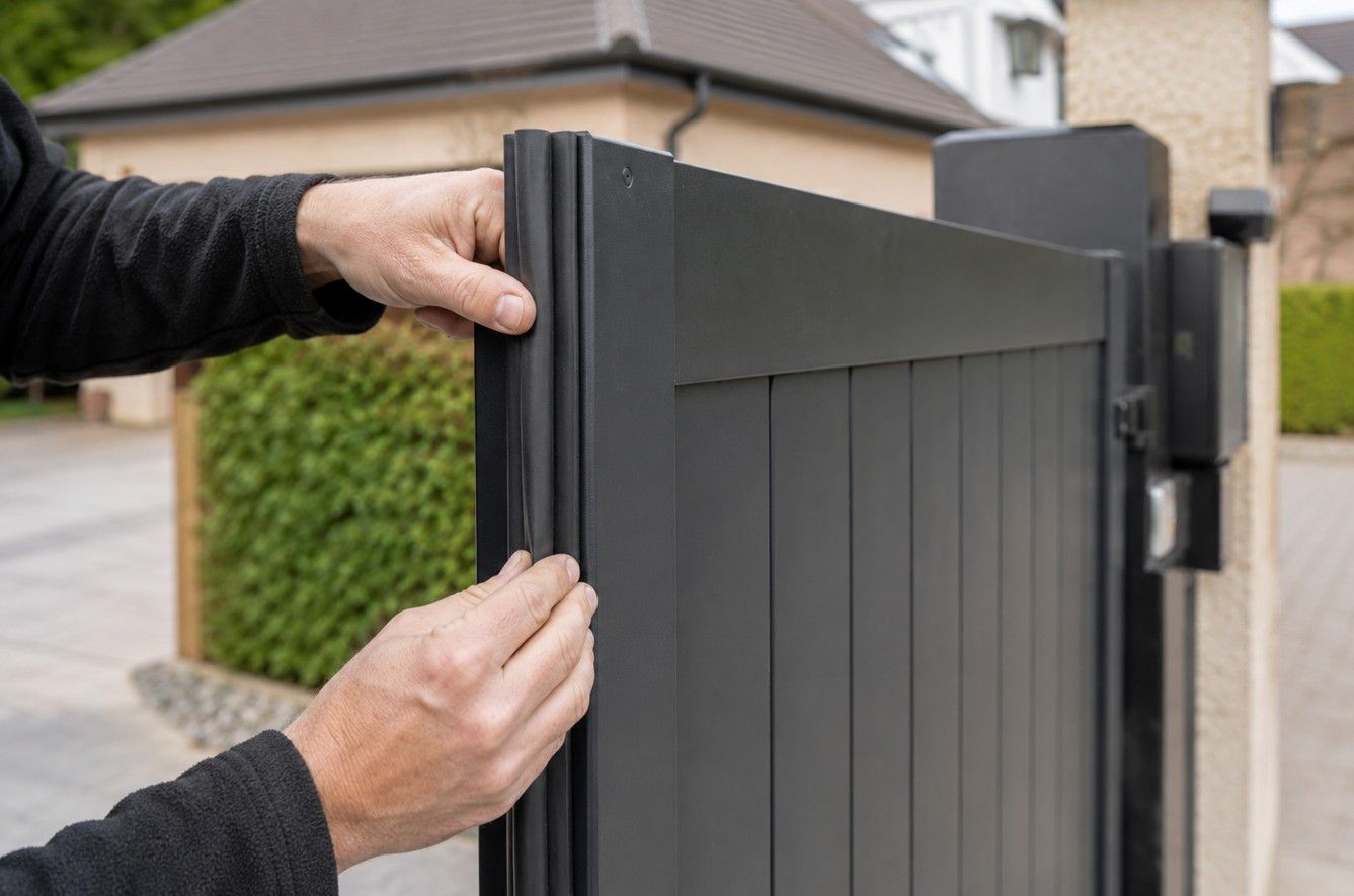 Technician fitting a replacement safety edge strip to an electric gate