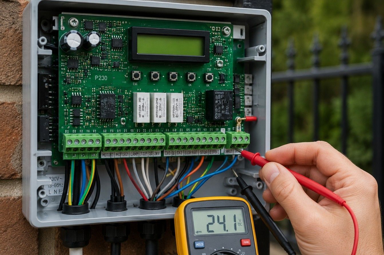 Electric gate control panel being tested with a multimeter during fault diagnosis