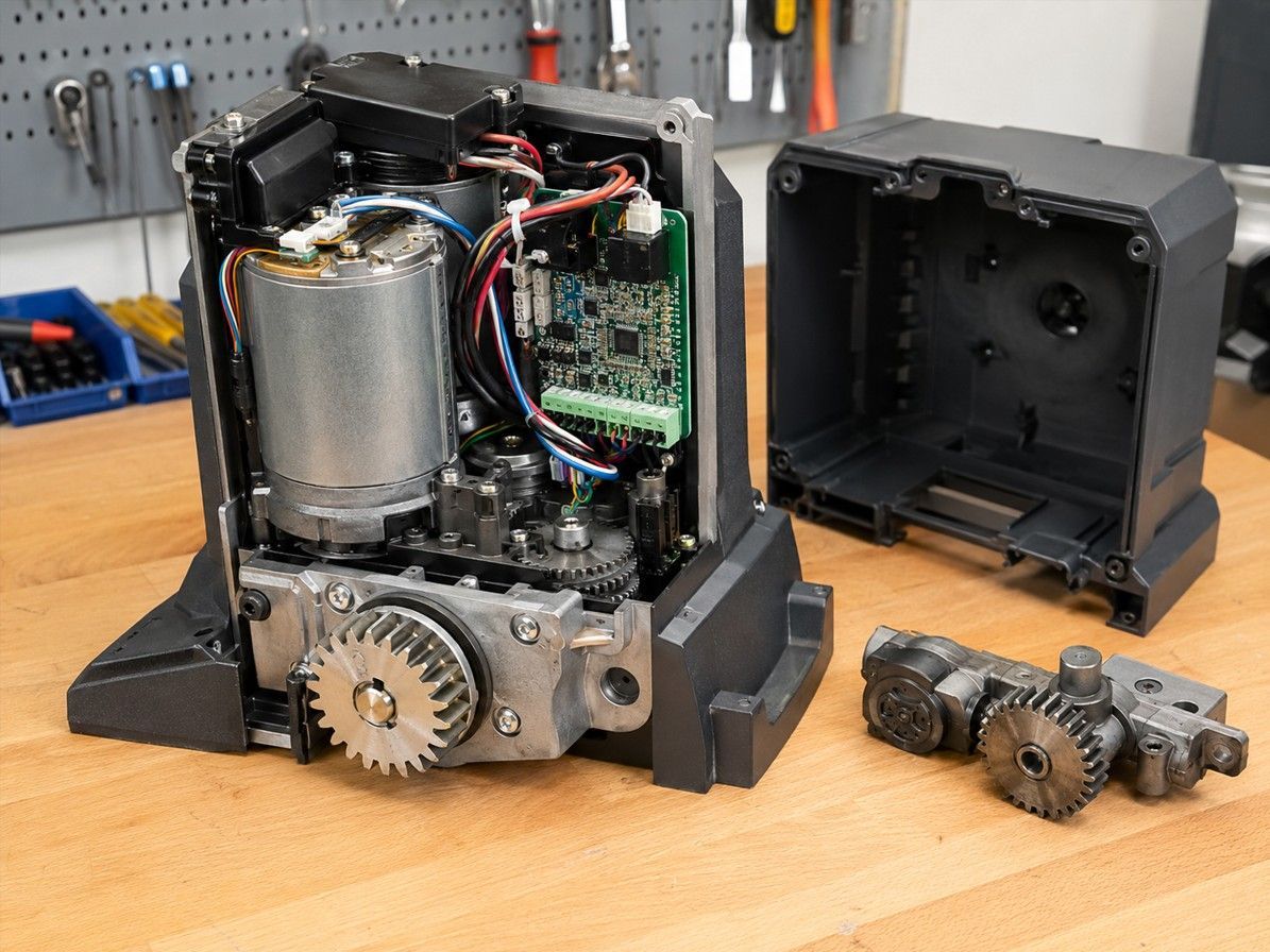 Disassembled electric gate motor unit showing internal components