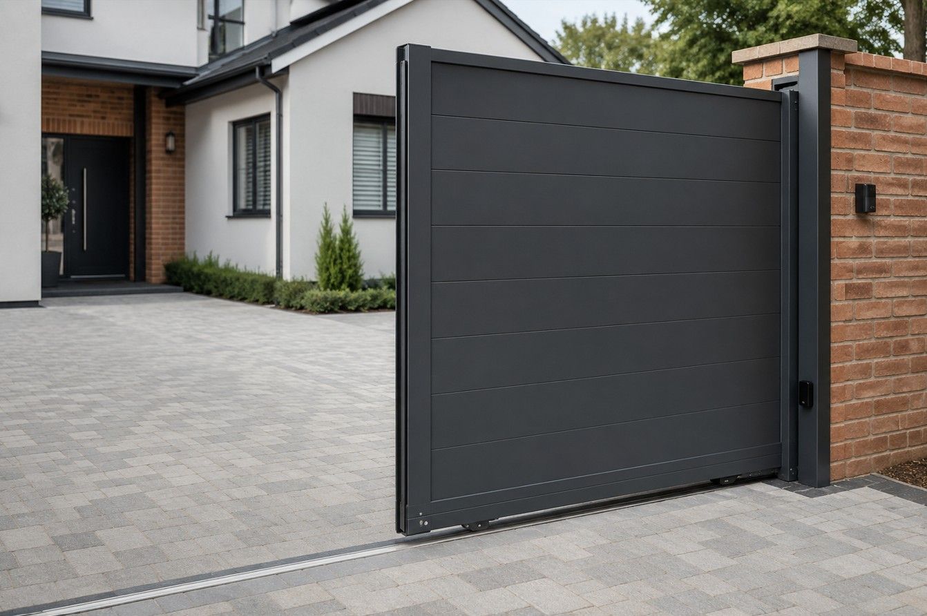 Anthracite grey composite electric sliding gate on a modern new-build driveway