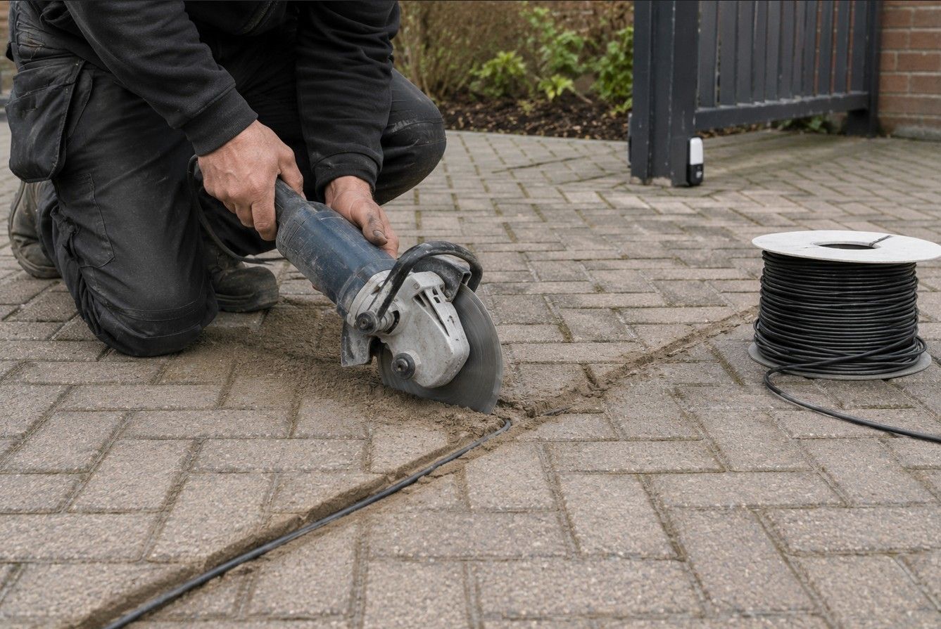 Technician installing an in-ground vehicle detection loop in a driveway