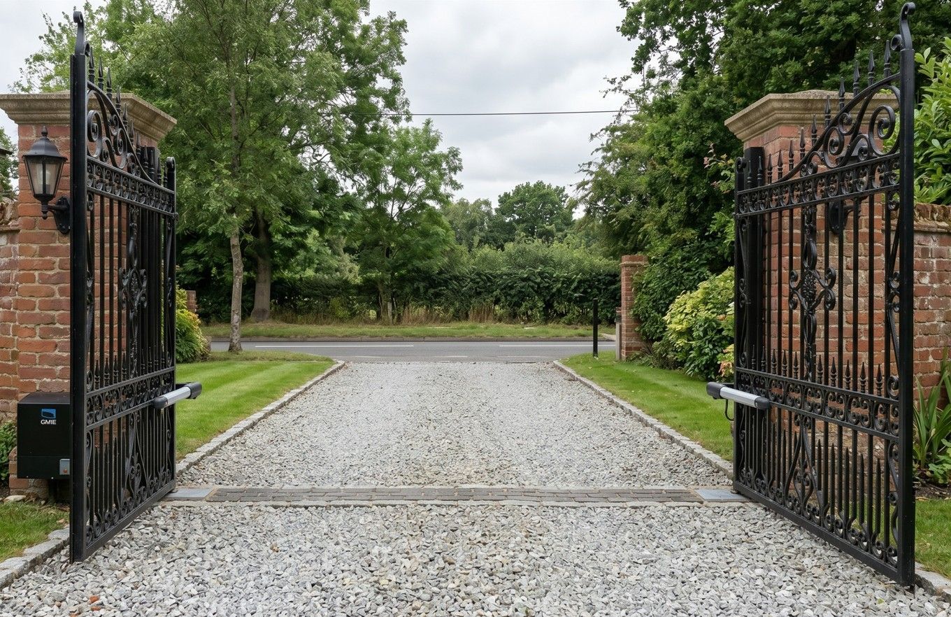Ornate black wrought iron electric swing gates on a period British property